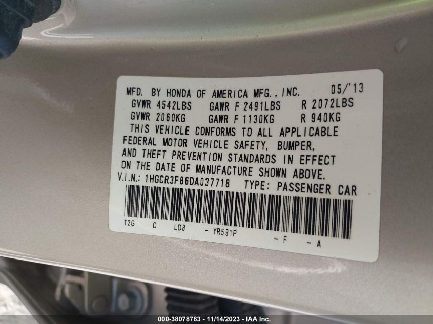 2013 HONDA ACCORD EX-L V-6 - 1HGCR3F86DA037718