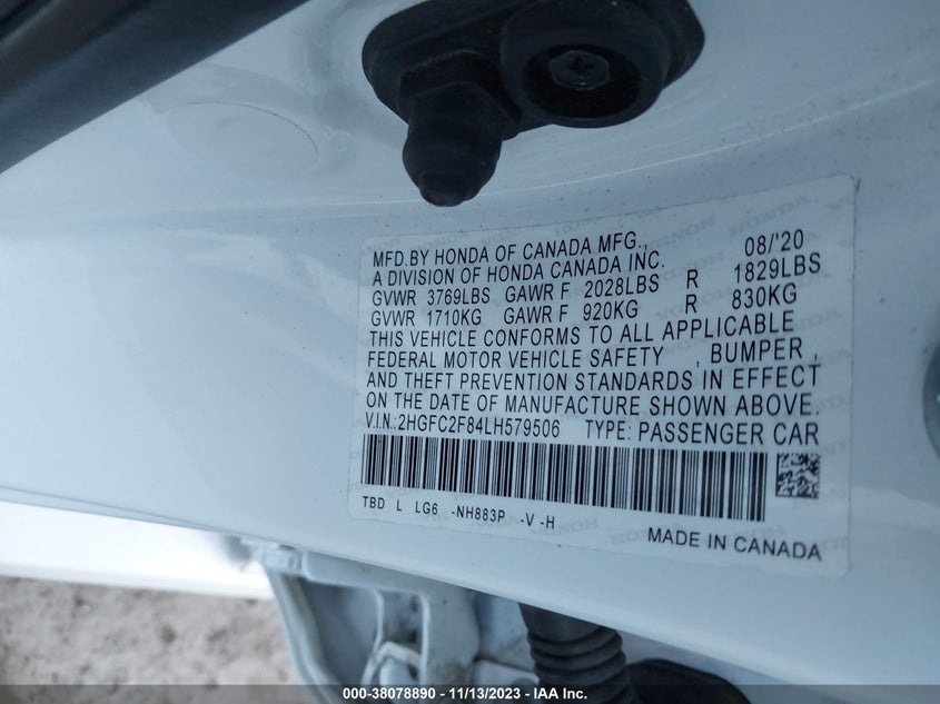 VIN 2HGFC2F84LH579506 2020 HONDA CIVIC SPORT