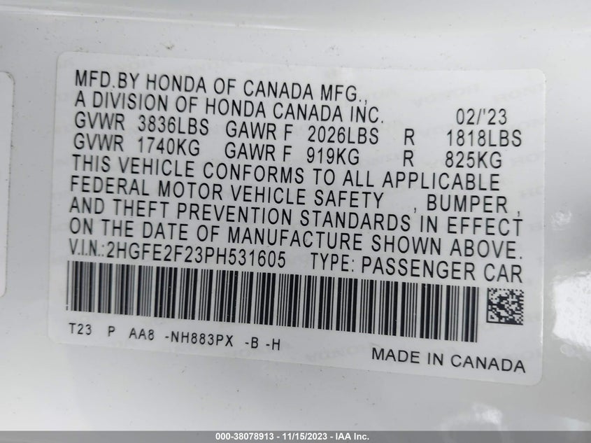 VIN 2HGFE2F23PH531605 2023 HONDA CIVIC LX