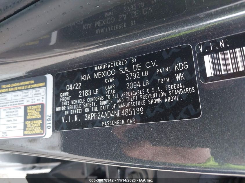 2022 KIA FORTE FE/LXS - 3KPF24AD4NE485139