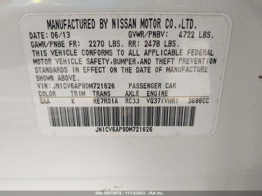2013 INFINITI G37 JOURNEY JN1CV6AP9DM721626