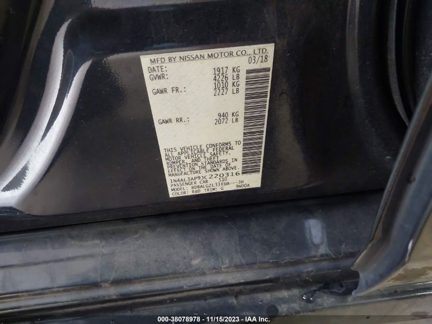 2018 NISSAN ALTIMA 2.5/S/SV/SL/SR - 1N4AL3AP9JC220316