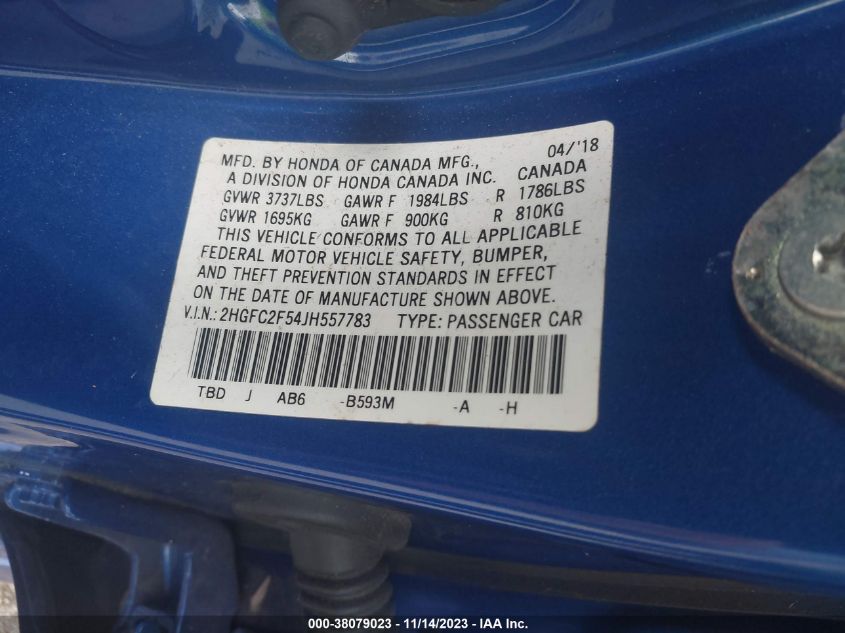 2018 HONDA CIVIC LX - 2HGFC2F54JH557783