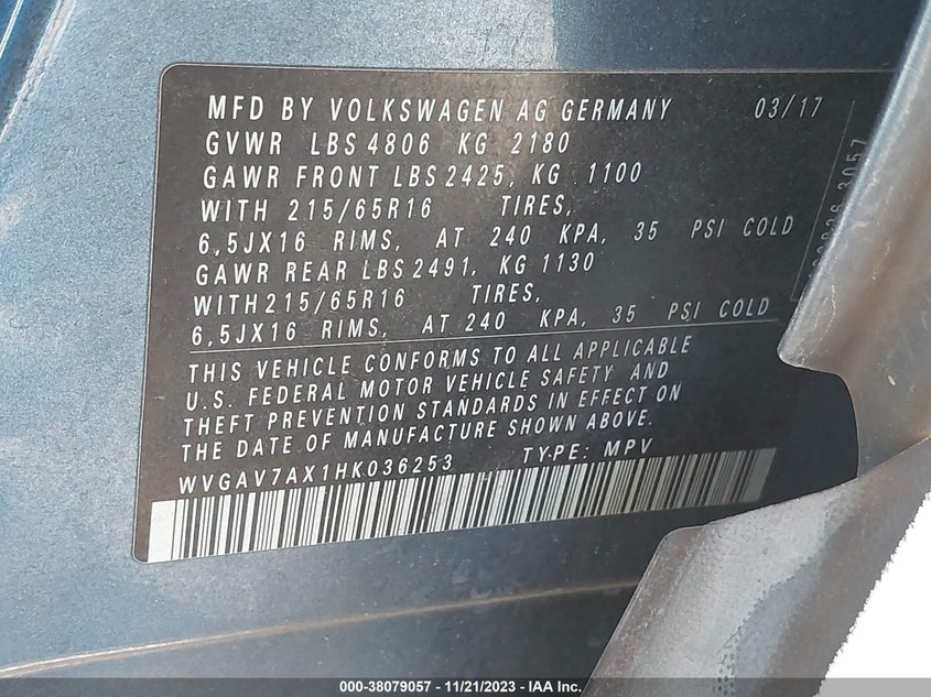 VIN WVGAV7AX1HK036253 2017 VOLKSWAGEN TIGUAN 2.0T/2.0T S