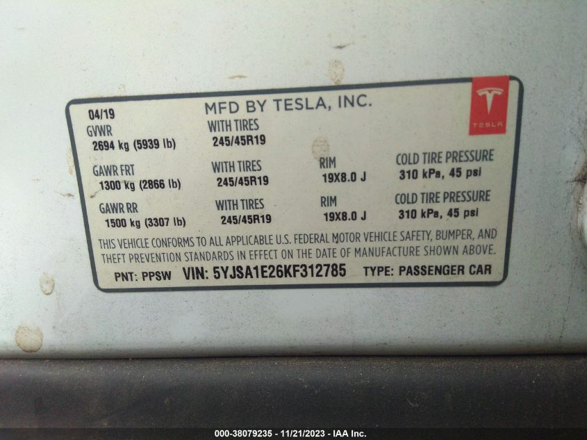 2019 TESLA MODEL S 100D/75D - 5YJSA1E26KF312785