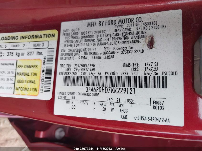 2019 FORD FUSION SE - 3FA6P0HD7KR229121