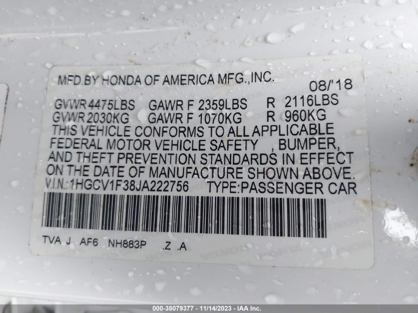 2018 HONDA ACCORD SPORT - 1HGCV1F38JA222756