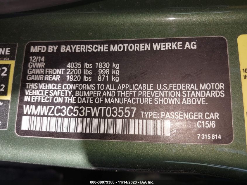 2015 MINI COUNTRYMAN COOPER S WMWZC3C53FWT03557