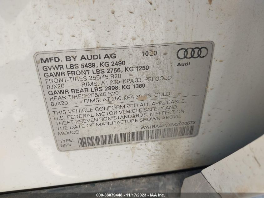 WA1BAAFYXM2020673 2021 AUDI Q5, photo no. 9