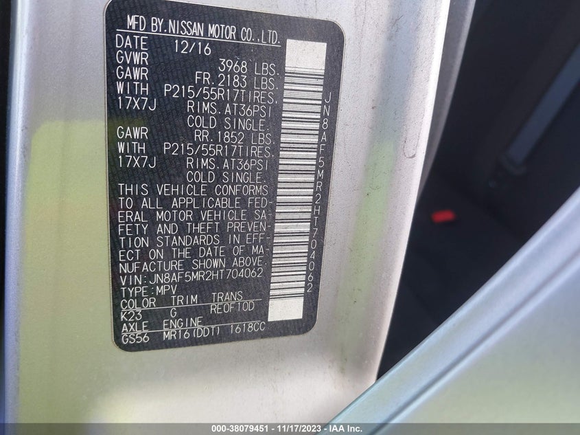 VIN JN8AF5MR2HT704062 2017 NISSAN JUKE SV
