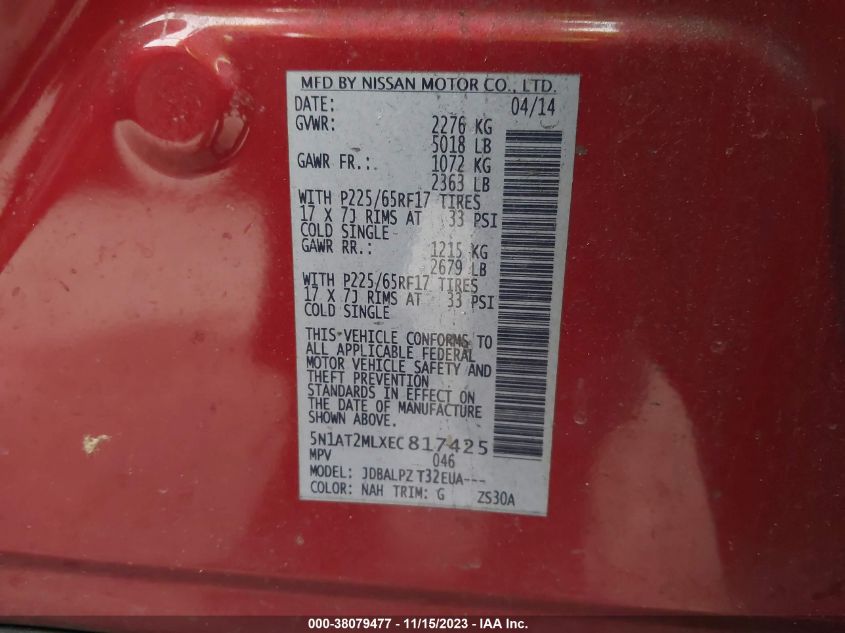 2014 NISSAN ROGUE S/SL/SV - 5N1AT2MLXEC817425