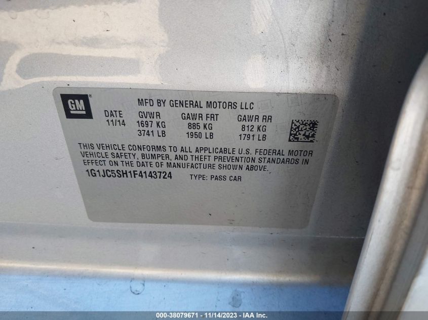 2015 CHEVROLET SONIC LT - 1G1JC5SH1F4143724