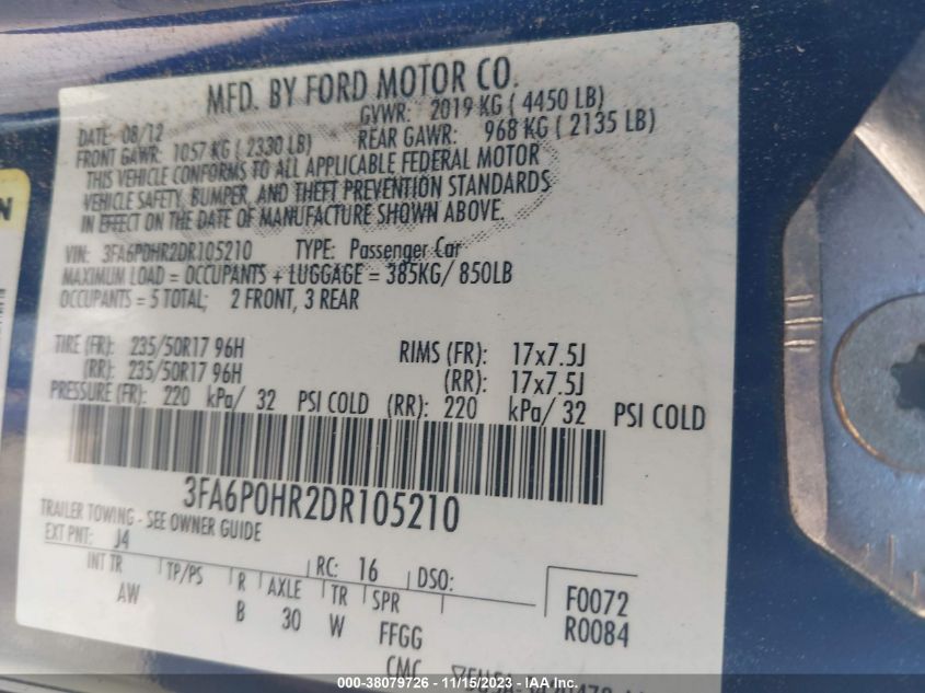 2013 FORD FUSION SE - 3FA6P0HR2DR105210