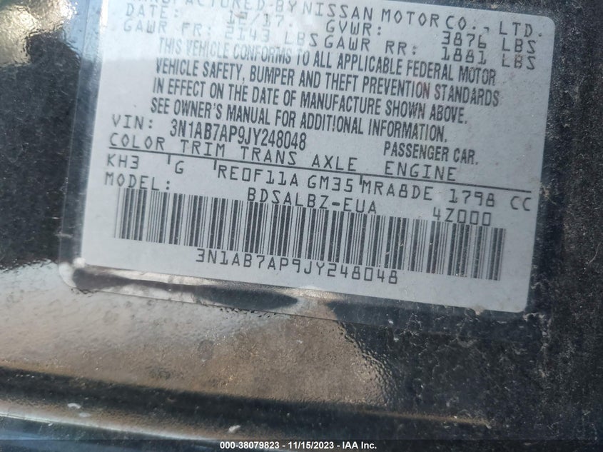 VIN 3N1AB7AP9JY248048 2018 NISSAN SENTRA S/SV/SR/SL
