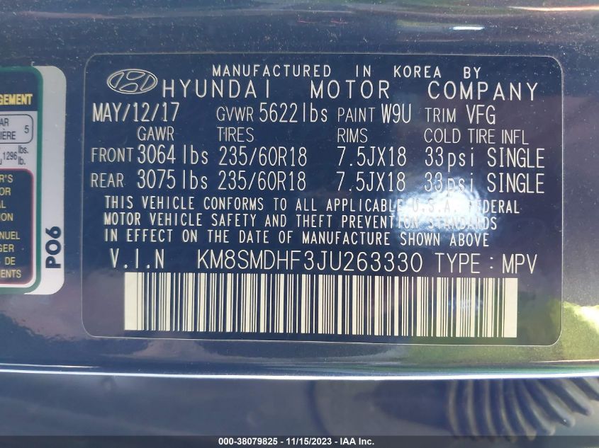 2018 HYUNDAI SANTA FE SE - KM8SMDHF3JU263330