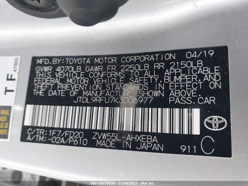 JTDL9RFU7K3006977 Toyota Prius LE 9