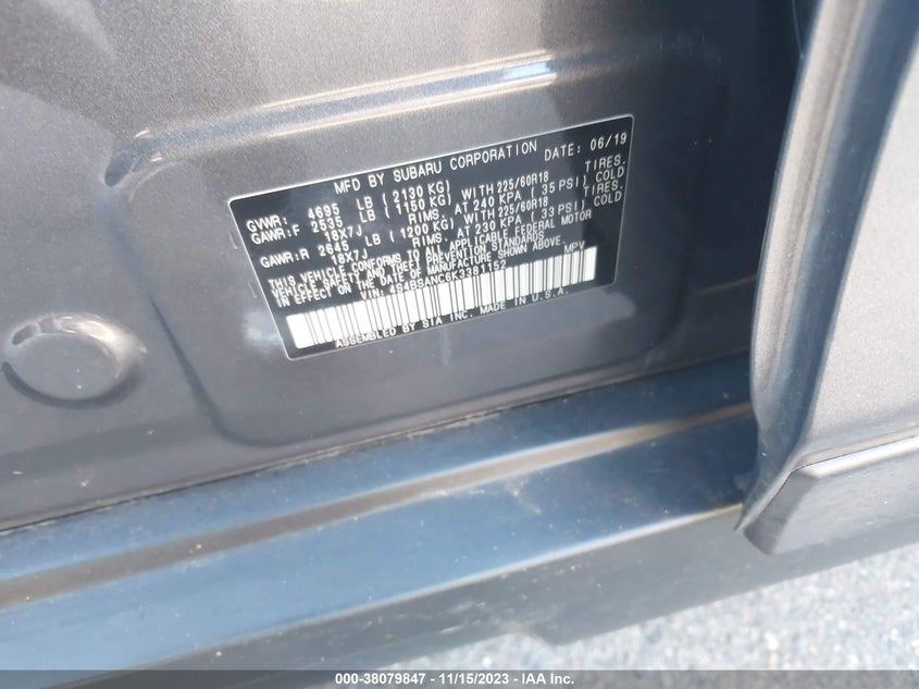 VIN 4S4BSANC6K3381152 2019 SUBARU OUTBACK 2.5I LIMITED