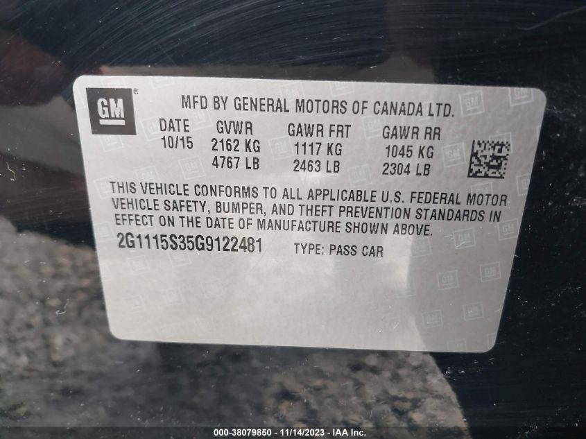 2016 CHEVROLET IMPALA 2LT - 2G1115S35G9122481
