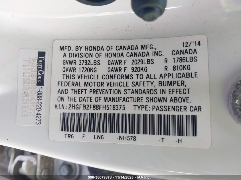 2015 HONDA CIVIC EX - 2HGFB2F88FH518375