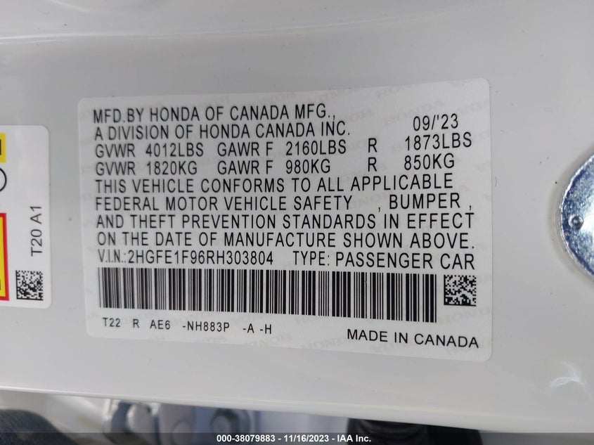 VIN 2HGFE1F96RH303804 2024 HONDA CIVIC TOURING