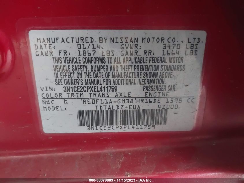 2014 NISSAN VERSA NOTE S/S PLUS/SV/SL - 3N1CE2CPXEL411759