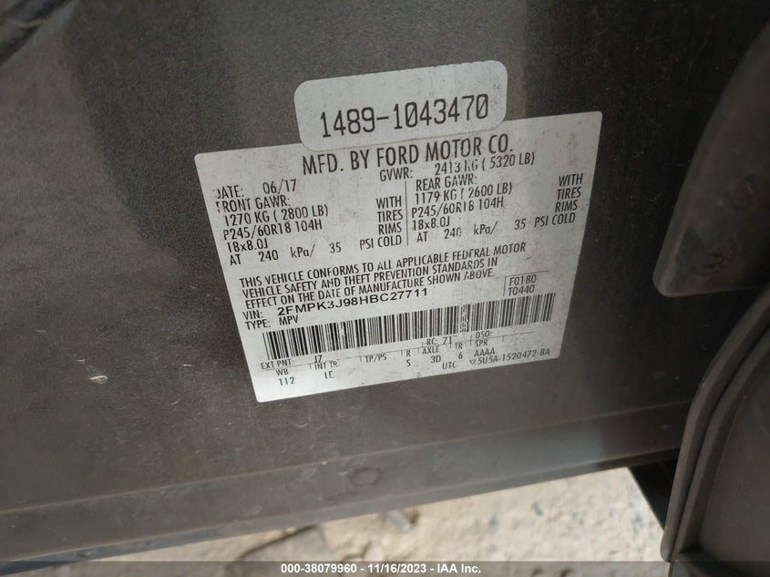 VIN 2FMPK3J98HBC27711 2017 FORD EDGE SEL