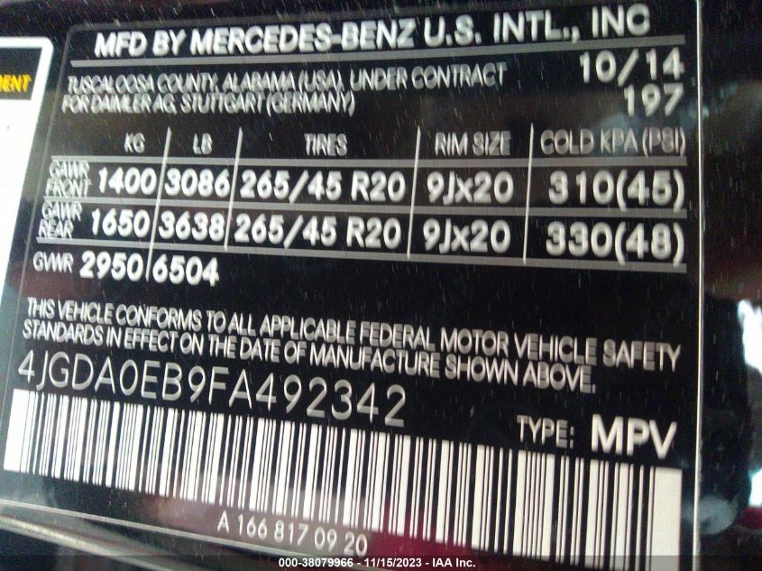 2015 MERCEDES-BENZ ML 250 BLUETEC 4JGDA0EB9FA492342