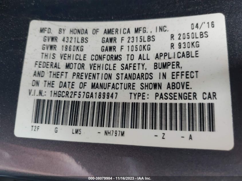 2016 HONDA ACCORD SPORT - 1HGCR2F57GA189947