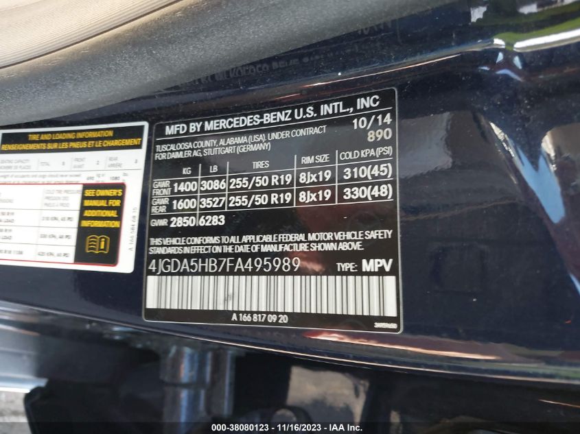 2015 MERCEDES-BENZ ML 350 4JGDA5HB7FA495989
