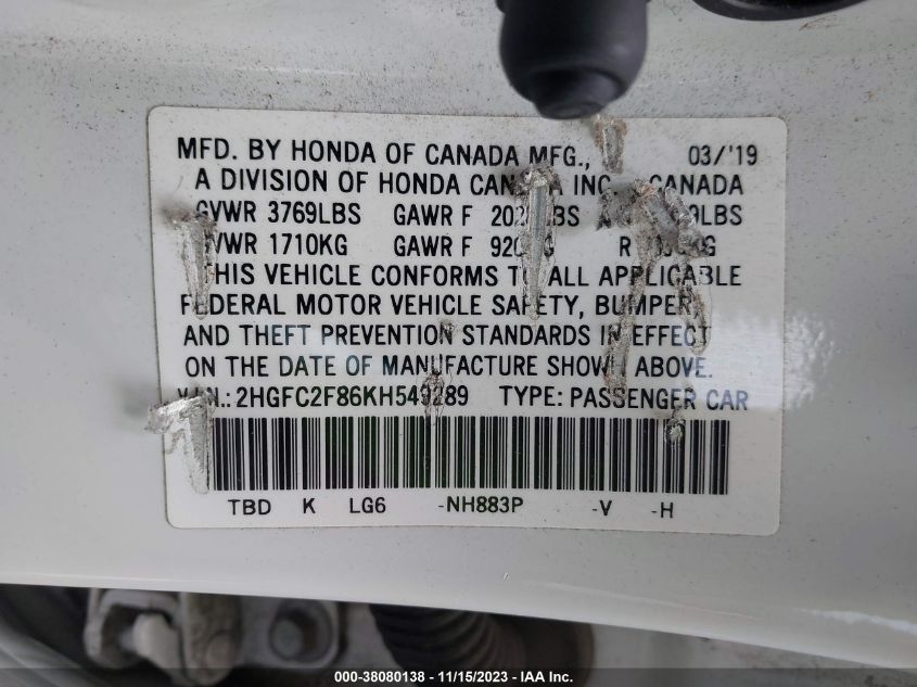 2019 HONDA CIVIC SEDAN SPORT 2HGFC2F86KH549289