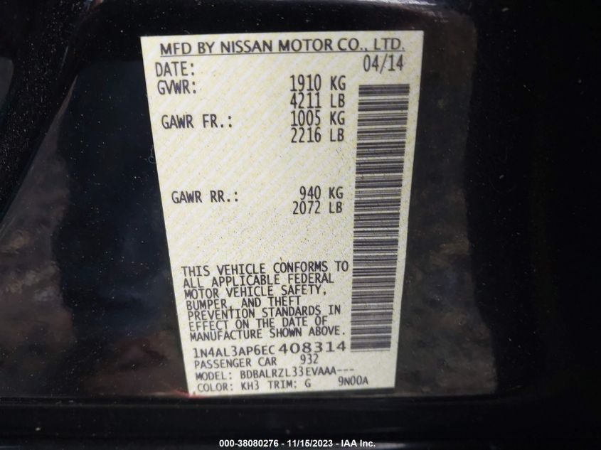 2014 NISSAN ALTIMA 2.5/2.5 S/2.5 SL/2.5 SV - 1N4AL3AP6EC408314