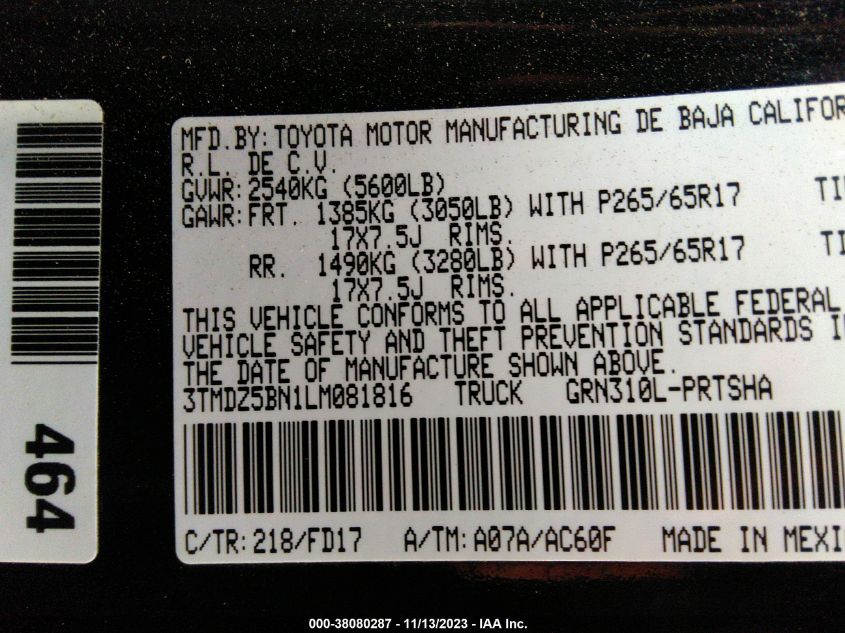 2020 TOYOTA TACOMA 3TMDZ5BN1LM081816