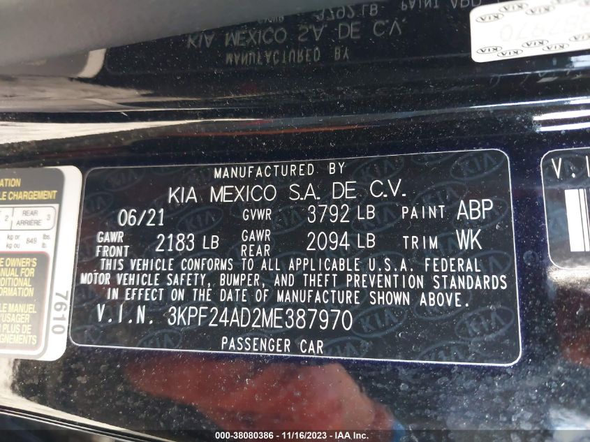 2021 KIA FORTE FE/LXS - 3KPF24AD2ME387970