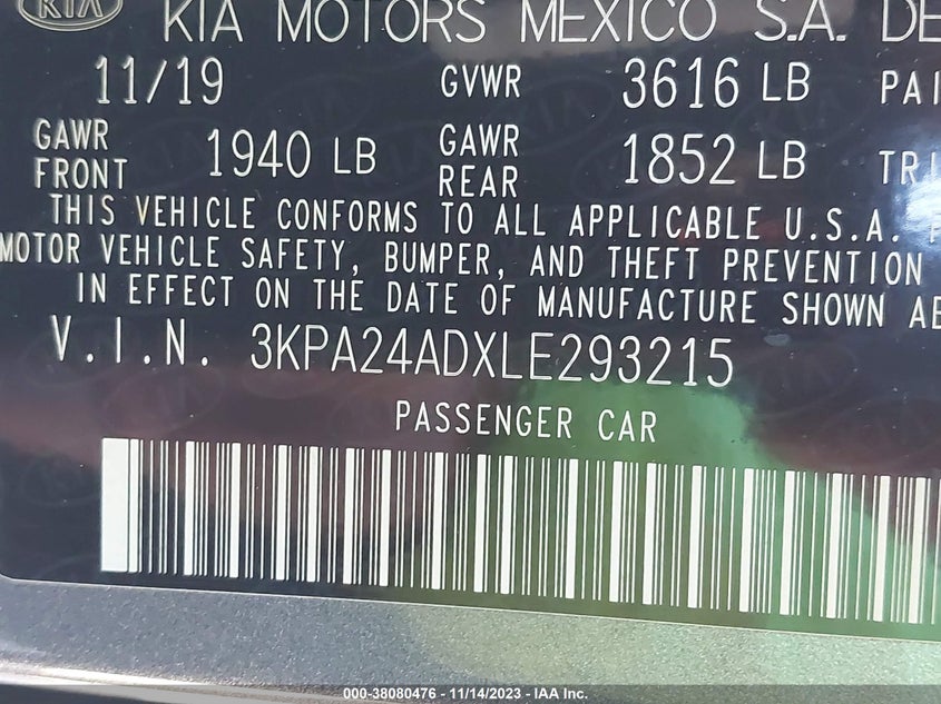 VIN 3KPA24ADXLE293215 2020 KIA RIO S