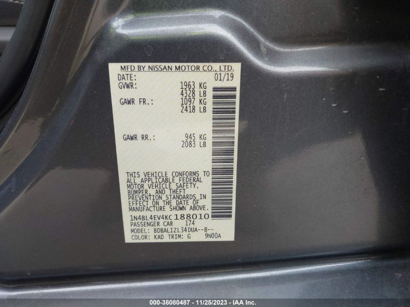 2019 NISSAN ALTIMA 2.5 SL - 1N4BL4EV4KC188010