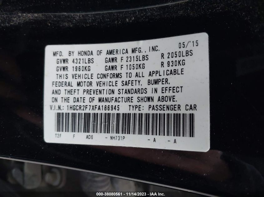 2015 HONDA ACCORD EX - 1HGCR2F7XFA186945