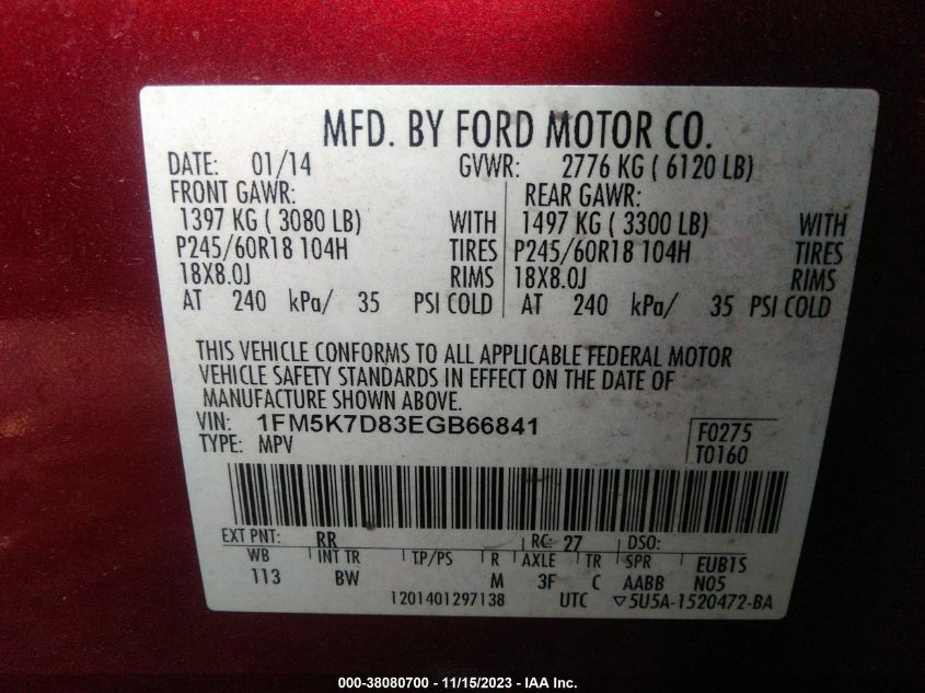 2014 FORD EXPLORER XLT - 1FM5K7D83EGB66841
