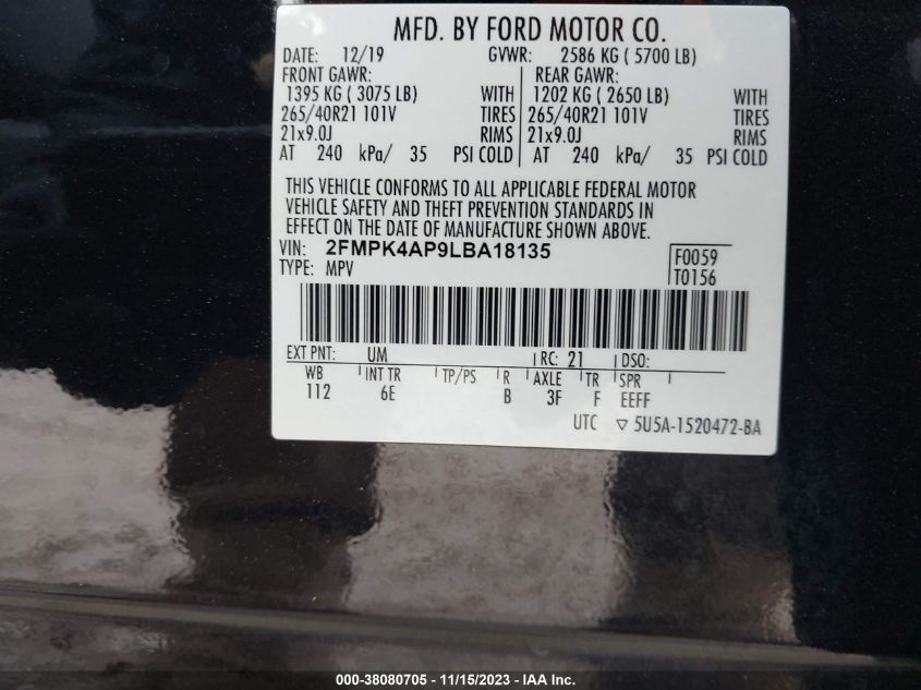 2FMPK4AP9LBA18135 2020 FORD EDGE, photo no. 9