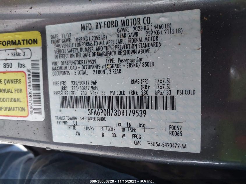 2013 FORD FUSION SE - 3FA6P0H73DR179539