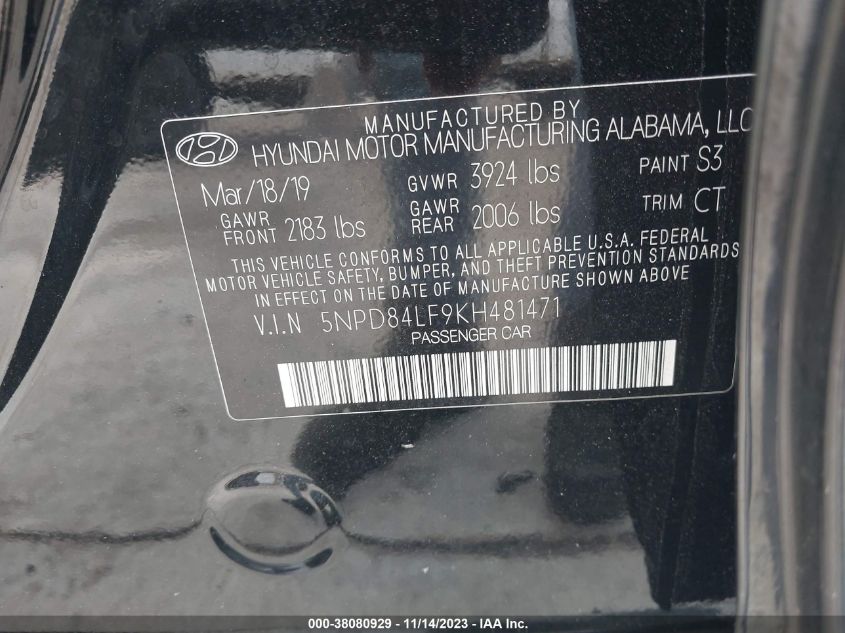 2019 HYUNDAI ELANTRA SEL - 5NPD84LF9KH481471