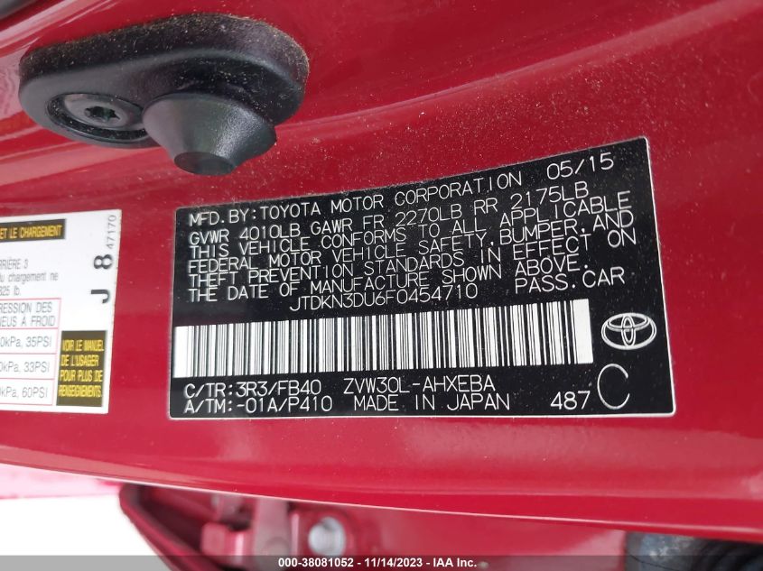 2015 TOYOTA PRIUS THREE - JTDKN3DU6F0454710