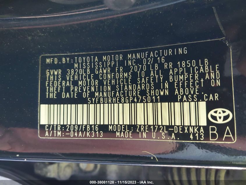 2016 TOYOTA COROLLA L/LE/LE PLS/PRM/S/S PLS - 5YFBURHE8GP475011
