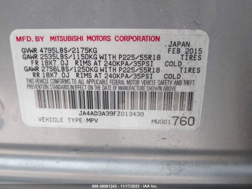 2015 MITSUBISHI OUTLANDER SE - JA4AD3A39FZ013430