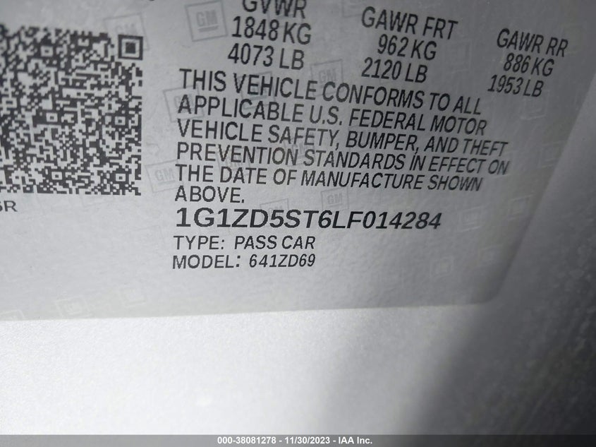 VIN 1G1ZD5ST6LF014284 2020 CHEVROLET MALIBU FWD LT