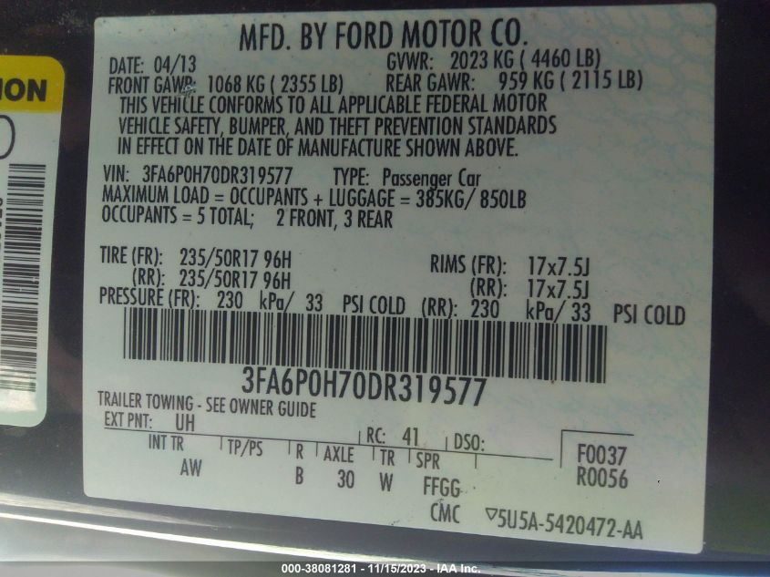 2013 FORD FUSION SE - 3FA6P0H70DR319577