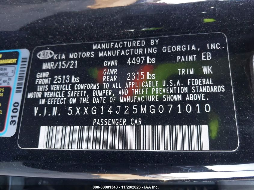 2021 KIA K5 LXS - 5XXG14J25MG071010