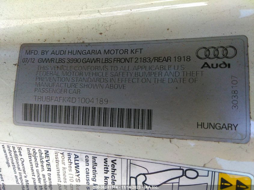 2013 AUDI TT 2.0T PREMIUM PLUS TRUBFAFK4D1004189