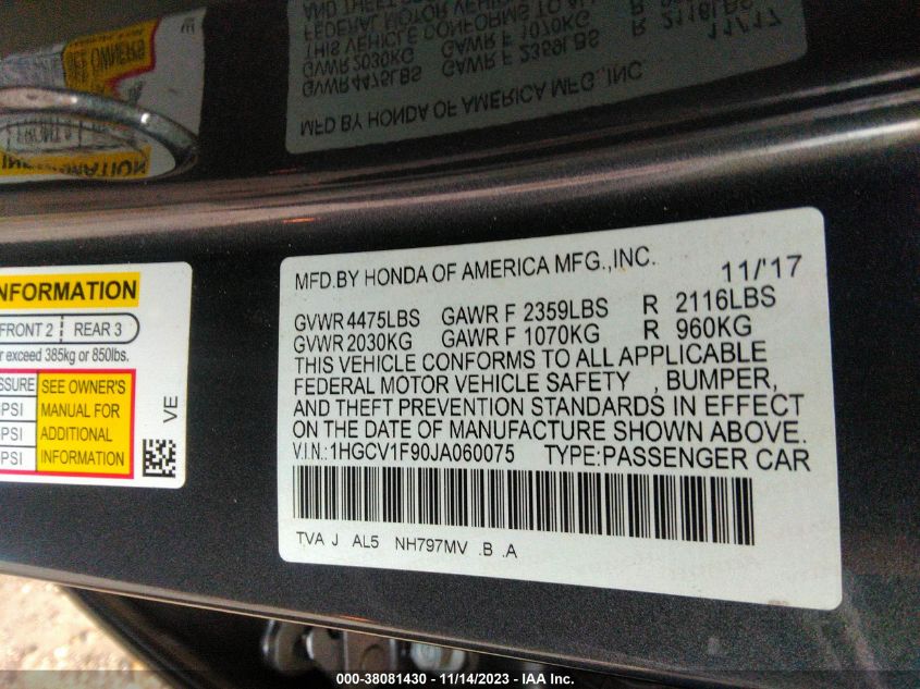 2018 HONDA ACCORD TOURING - 1HGCV1F90JA060075
