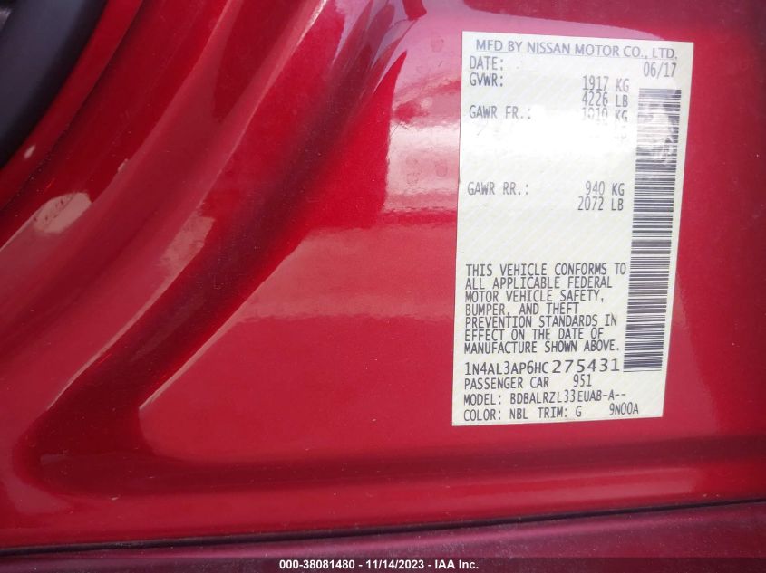 2017 NISSAN ALTIMA 2.5 SL - 1N4AL3AP6HC275431