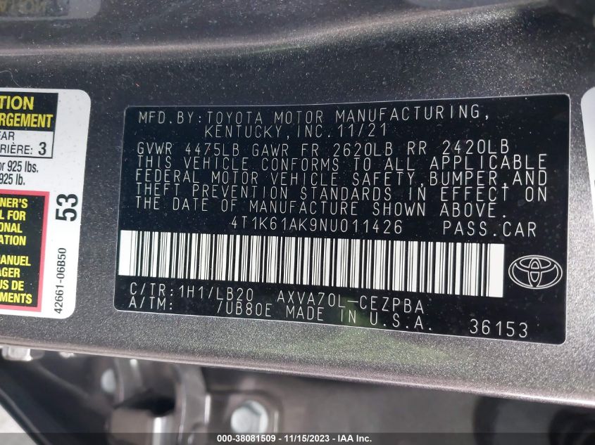 2022 TOYOTA CAMRY XSE - 4T1K61AK9NU011426